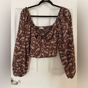12th Tribe Brown Floral Tie-Front Puff Sleeve Crop Top